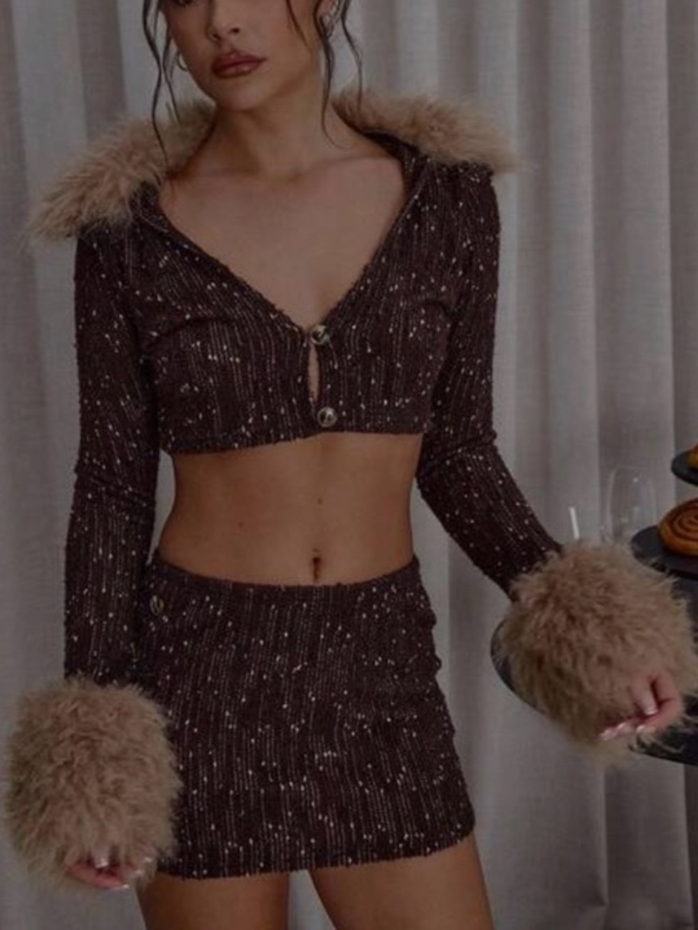 Fur Trim Knit Cardigan with Skirt